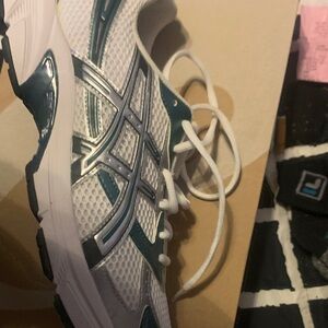Asics White and Dark Green Athletic Shoes